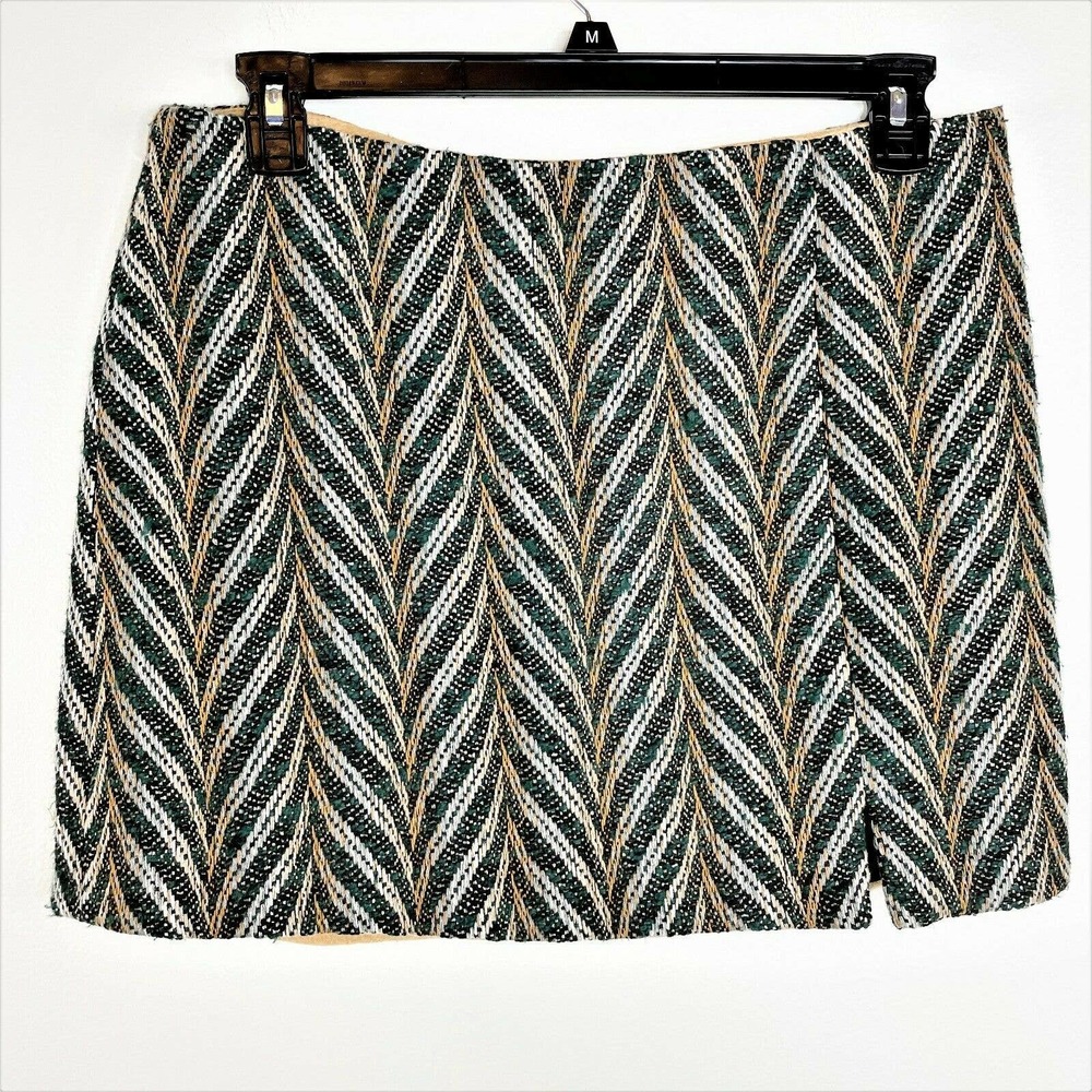 Skies are Blue Tweed Mini Skirt Size Large Women's Green Chevron Wool Holiday